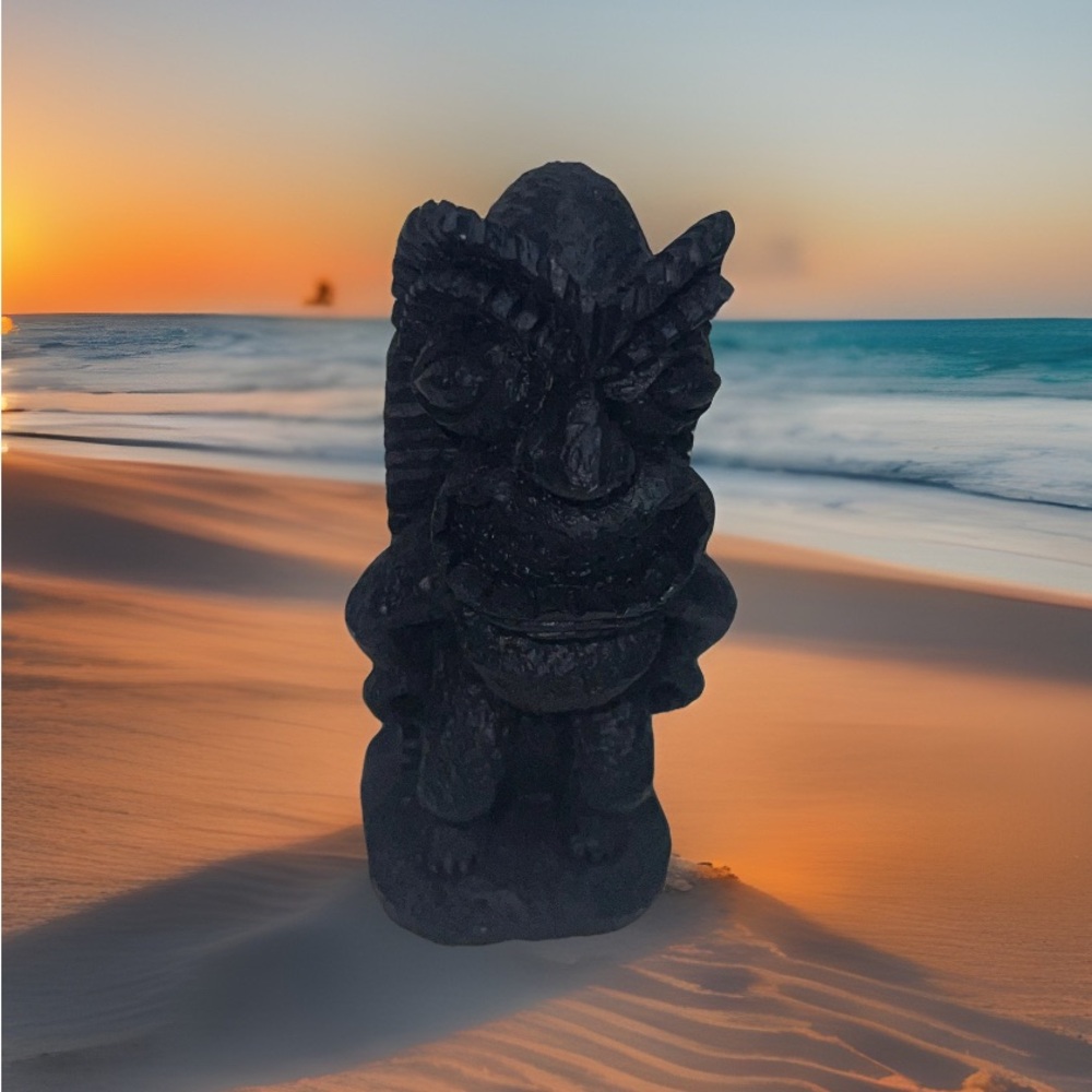 Vintage Tiki Statue Totem Hawaiian Decor Carved Sculpture Black Wood Look
